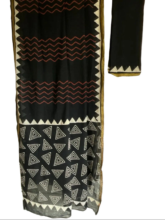 Black Block Print Cotton Saree