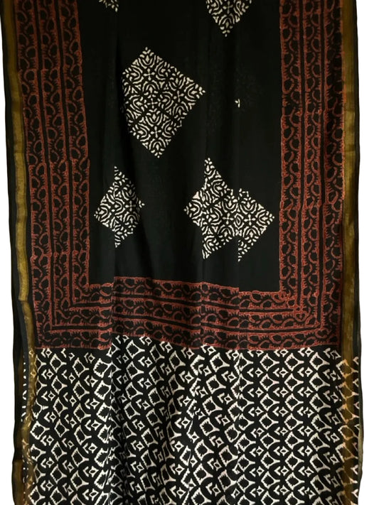 Black Block Print Cotton aariyaa Saree