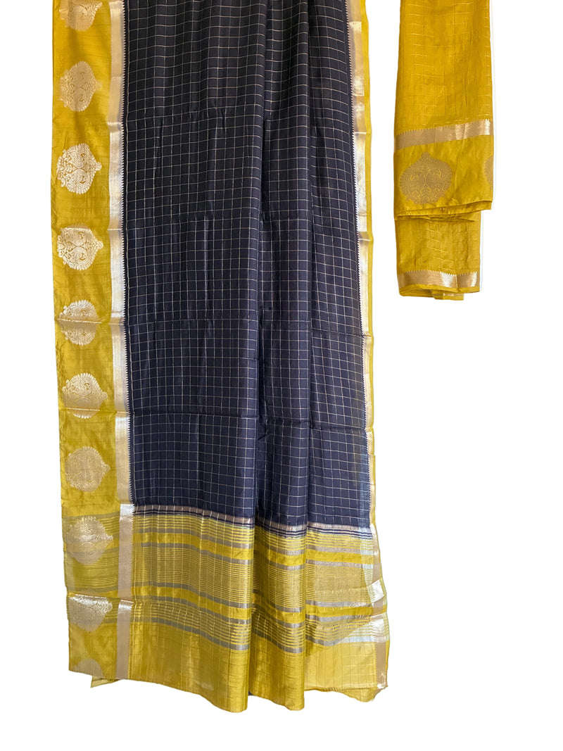 Black Checks Saree with Yellow Border