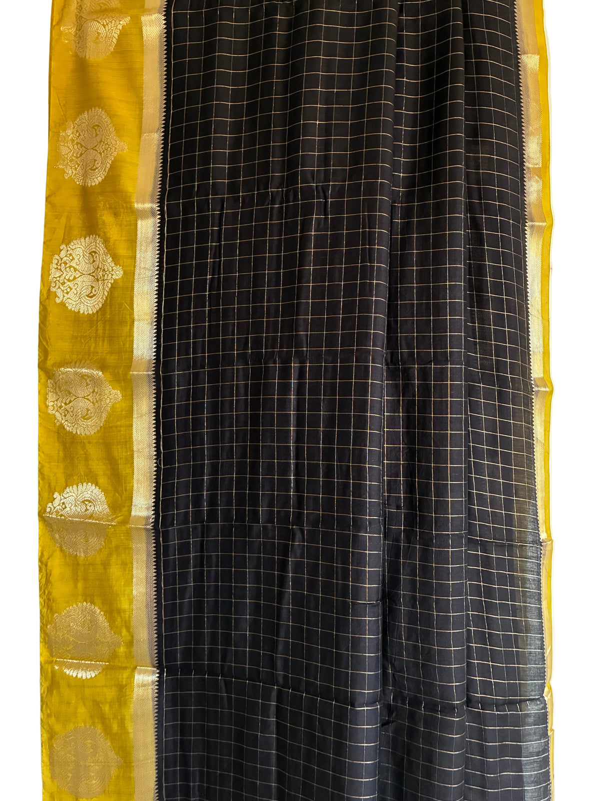 Black Checks Saree with Yellow Border