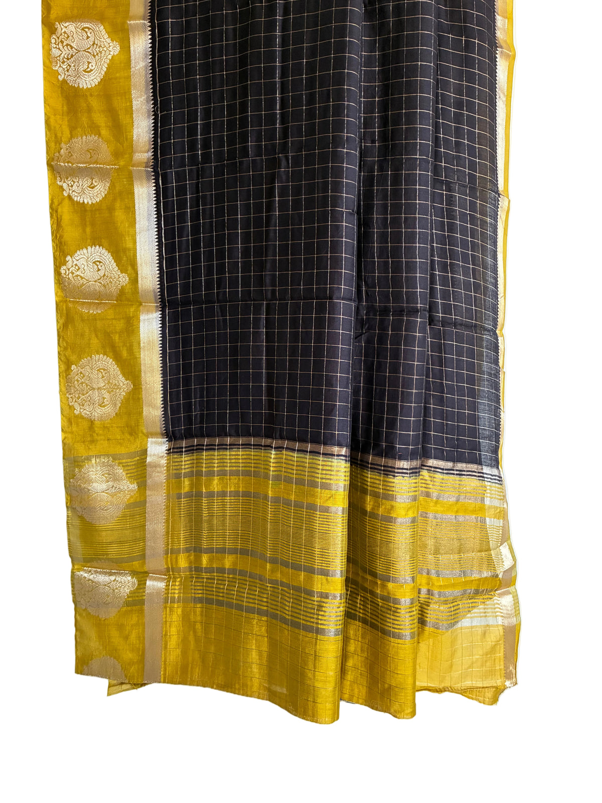 Black Checks Saree with Yellow Border