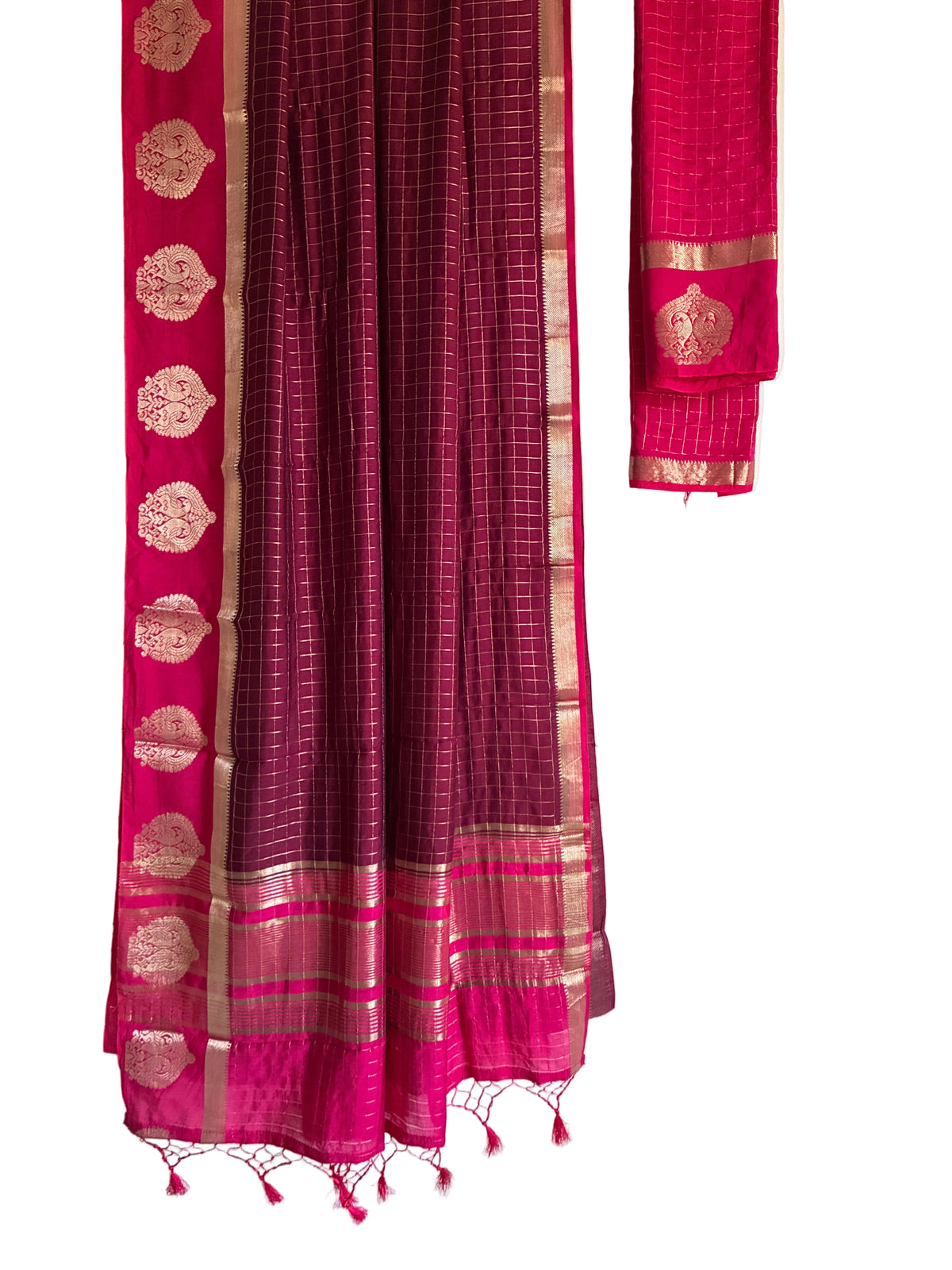 A magenta pink aariyaa saree with a gold zari checkered body, a vibrant pink border decorated with gold motifs, and a matching sleeve shown on the right, all set against a plain white background.