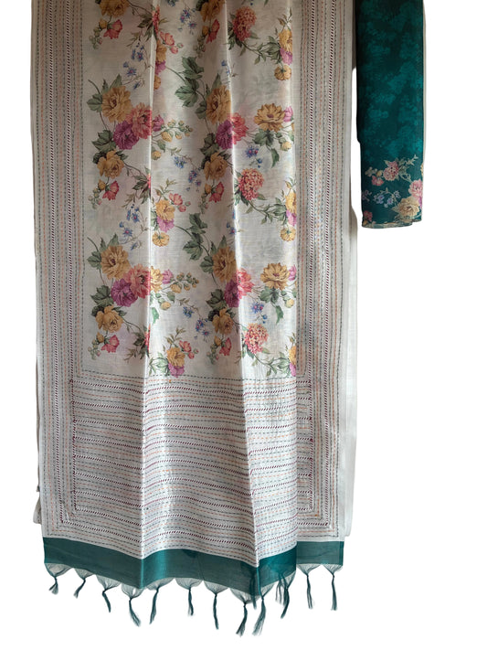 White Floral Print with Kantha Stitch