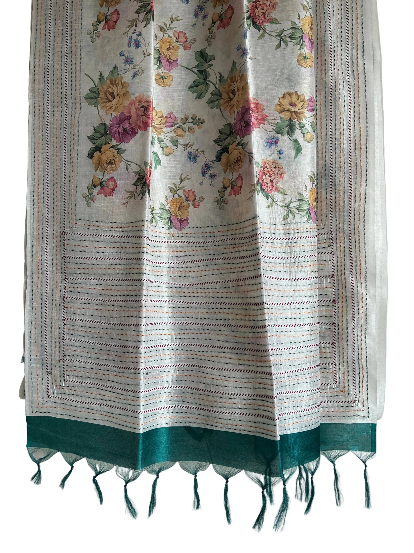 White Floral Print with Kantha Stitch
