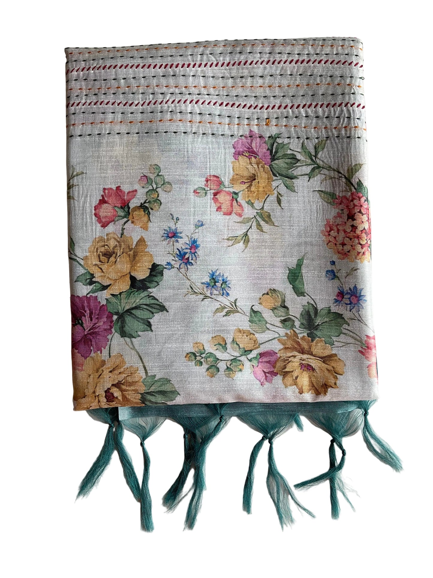White Floral Print with Kantha Stitch
