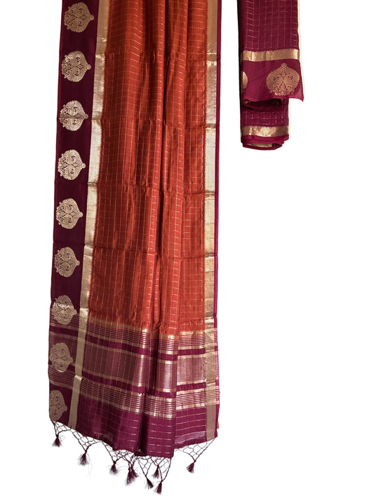 Rust orange checks saree in trending classic pattern full drape view Aariyaa sarees Bengaluru