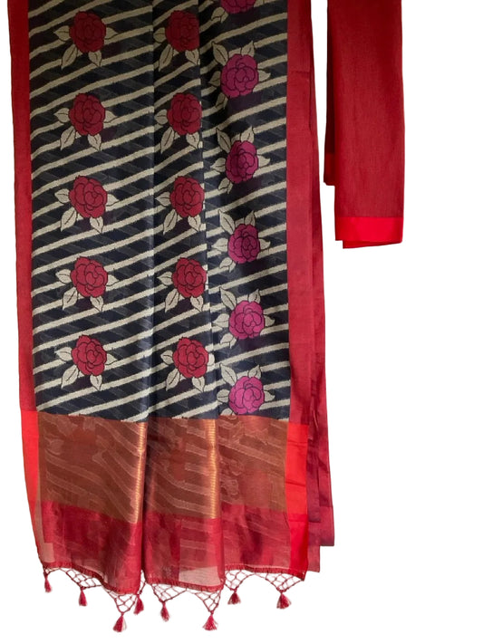 Navy Blue Cotton Saree with Roses and Red Border
