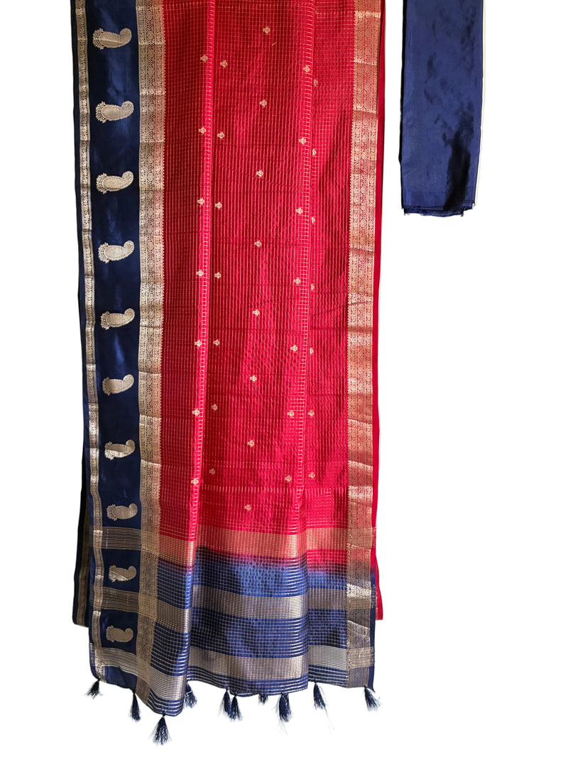 Red checked saree with contrasting blue mango motif border full drape view Aariyaa studio Bangalore