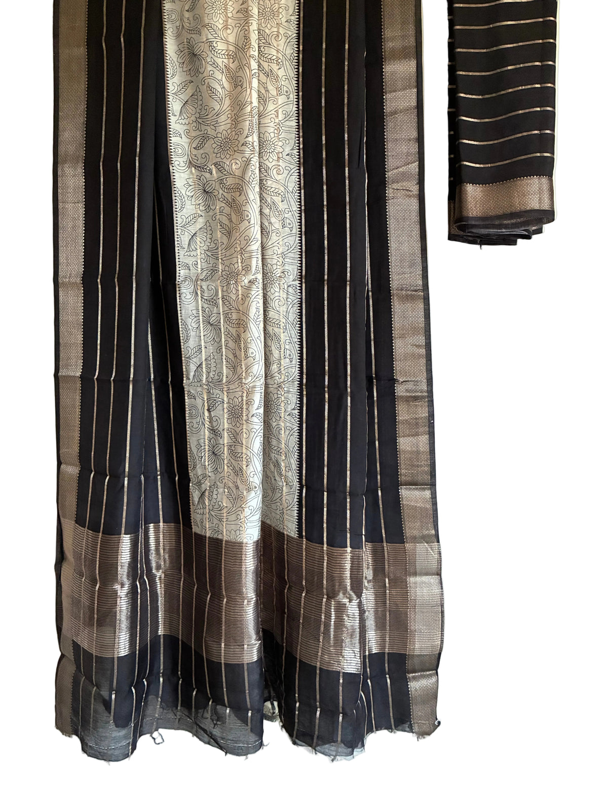 Black Kalamkari motif saree with white floral patterns fine gold stripes full drape view Aariyaa Bengaluru