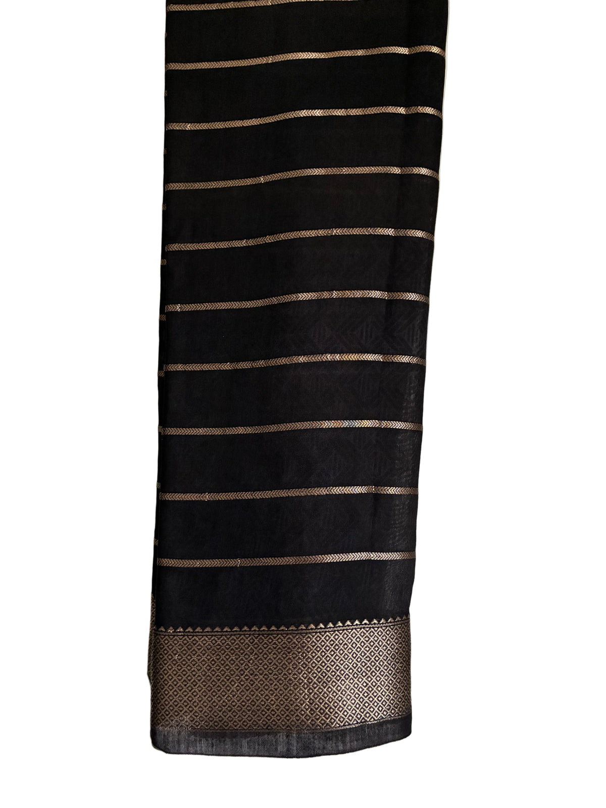 Unstitched blouse piece in black with matching white Kalamkari floral print and fine gold border