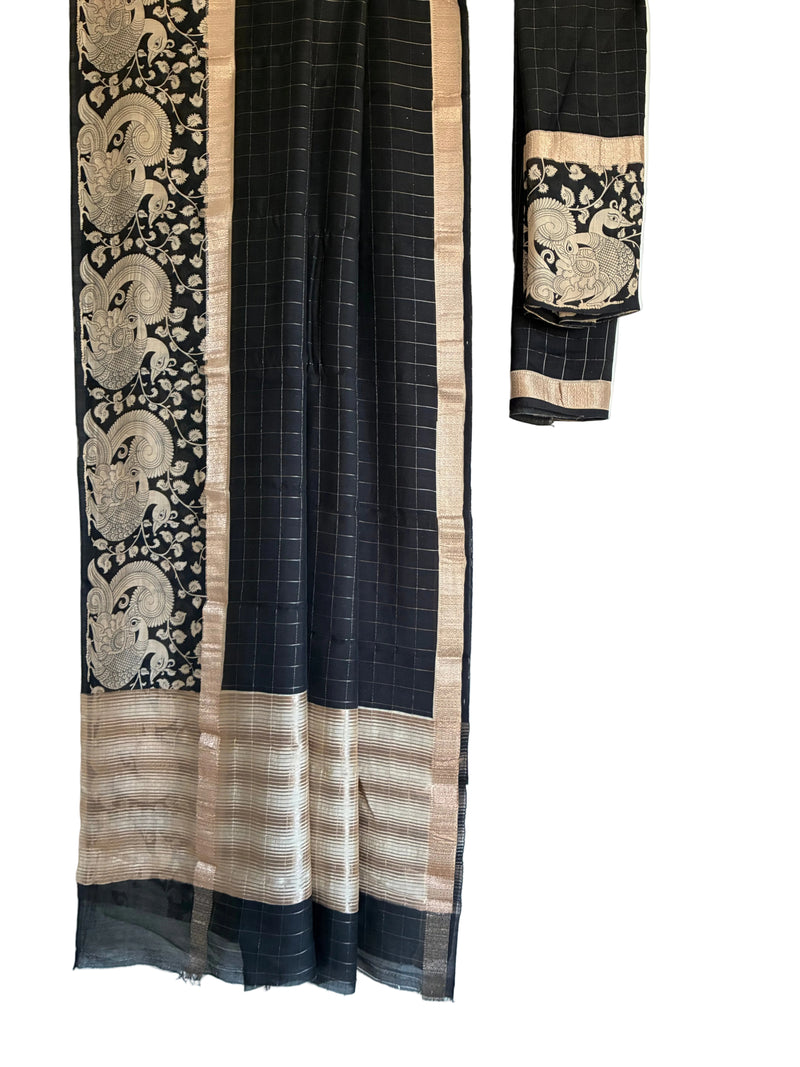 Assam silk soft light saree in classic black checks with ivory Kalamkari peacock motifs full view by Aariyaa sarees