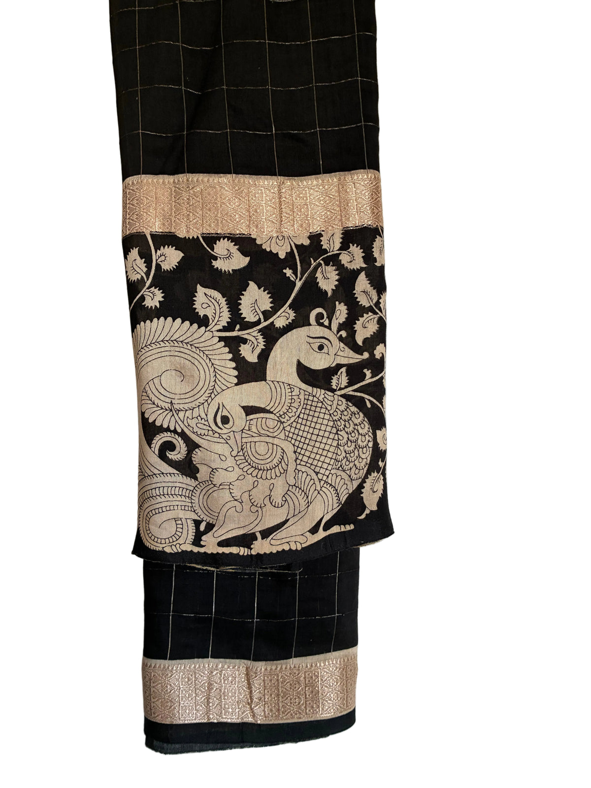 Detailed view of ivory Kalamkari peacock bliouse with black checked Assam silk saree Aariyaa studio