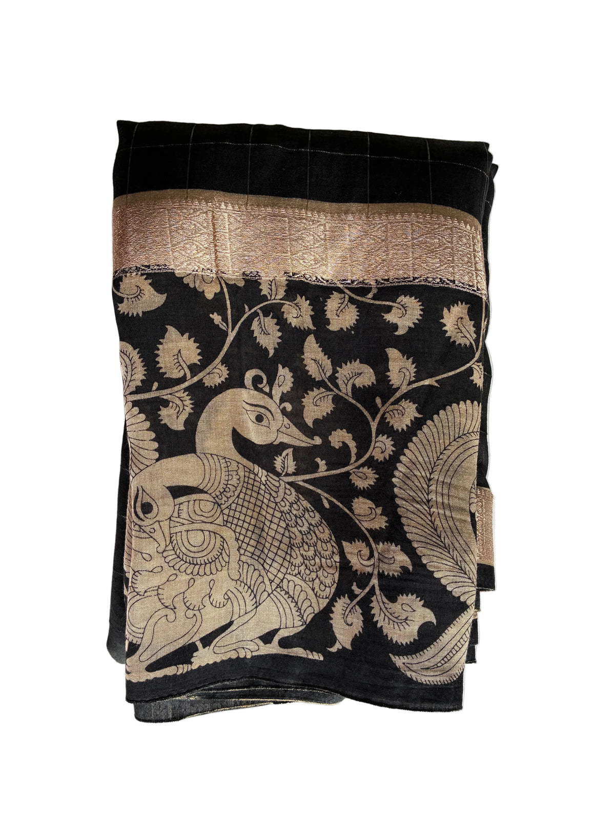 folded view of ivory Kalamkari peacock pallu on black checked Assam silk saree Aariyaa sarees bangalore 