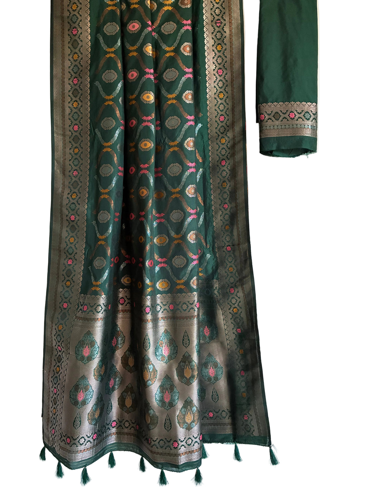 Emerald green soft silk saree with Banarasi multicolour floral medallions full drape view Aariyaa sarees Bengaluru