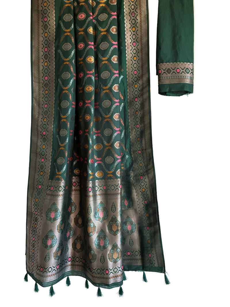 Emerald green soft silk saree with Banarasi multicolour floral medallions full drape view Aariyaa sarees Bengaluru