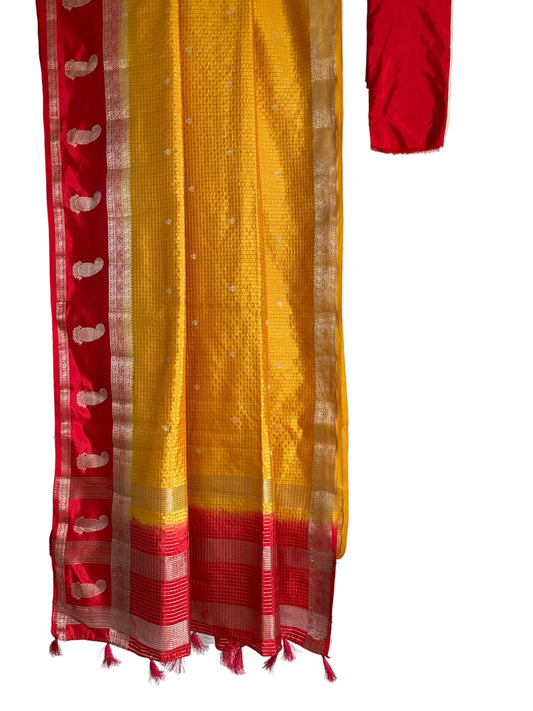 Yellow checked saree with contrasting red mango motif border full drape view Aariyaa studio Bangalore