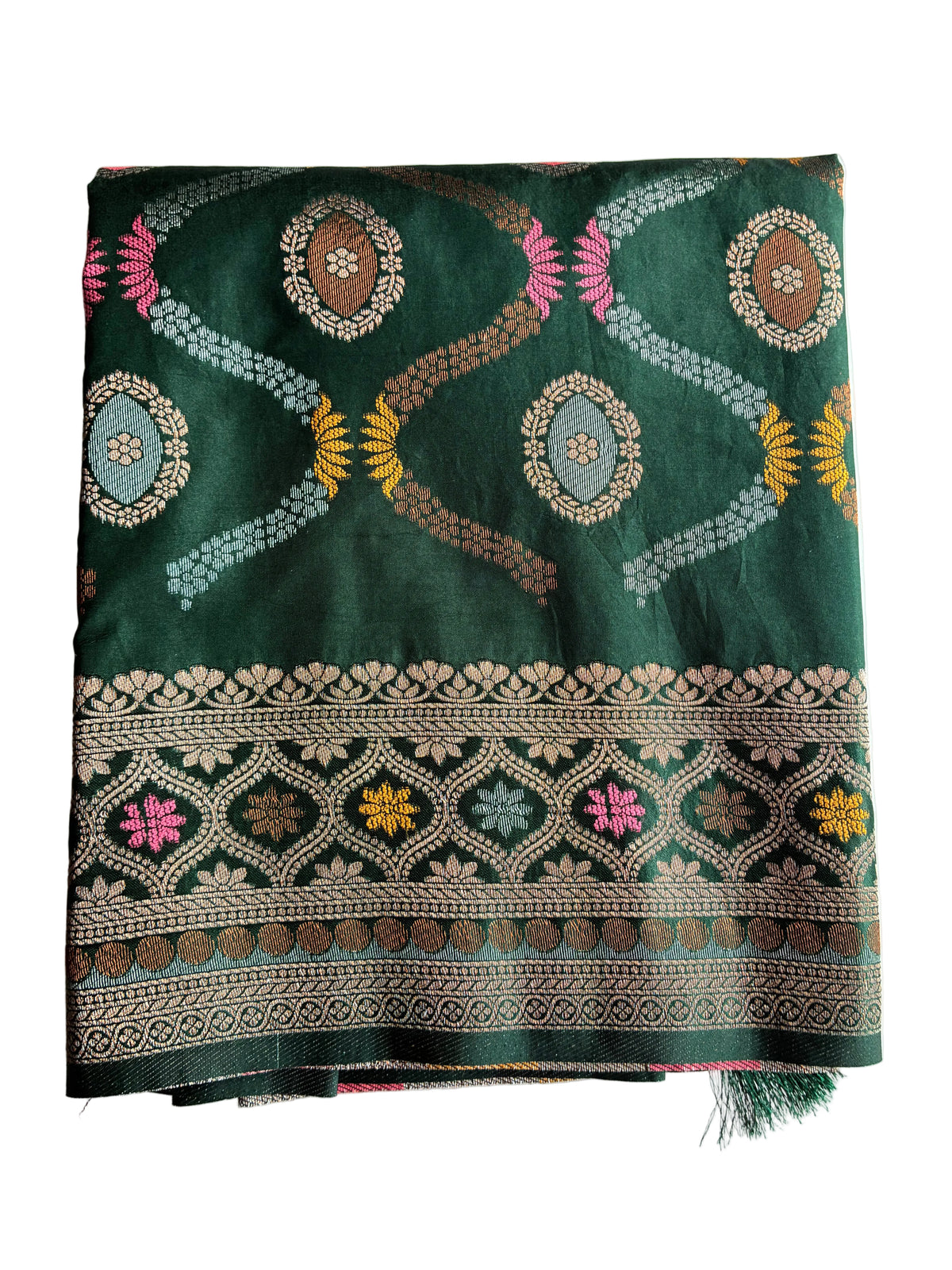 Neatly folded light comfortable emerald green soft silk saree showing metallic border and floral motifs