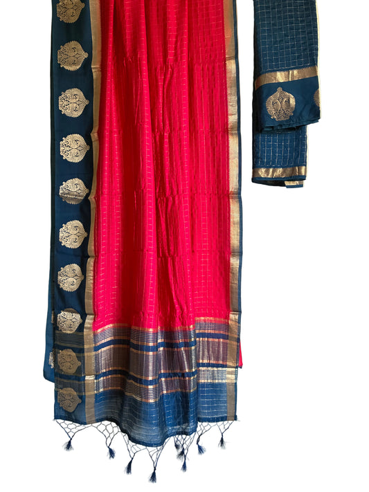 Vibrant magenta pink checks saree with gold grid pattern navy blue border full drape view Aariyaa studio Bangalore