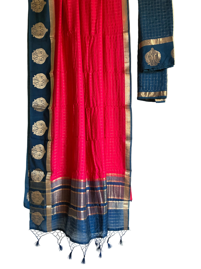 Vibrant magenta pink checks saree with gold grid pattern navy blue border full drape view Aariyaa studio Bangalore