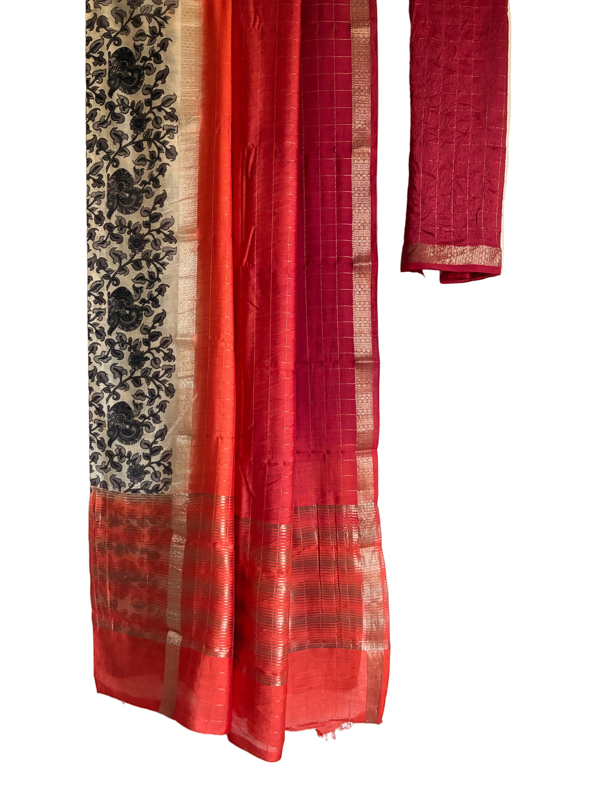 Red and orange checked Assam silk saree with black Kalamkari border full drape view Aariyaa sarees Bengaluru