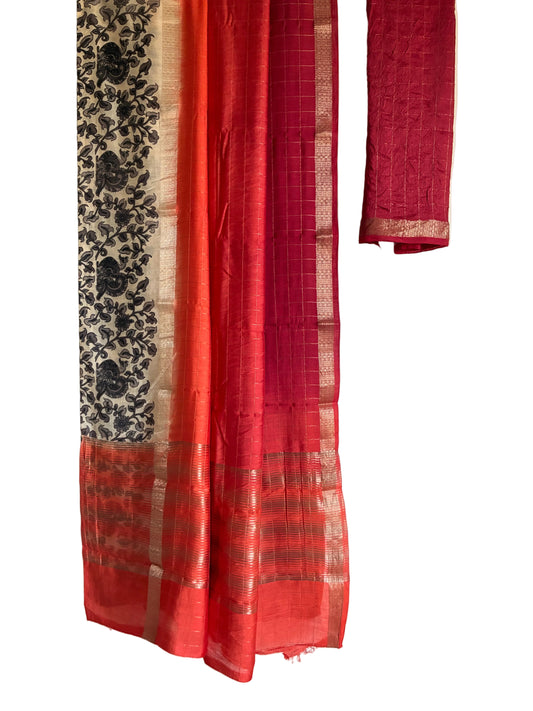 Red and orange checked Assam silk saree with black Kalamkari border full drape view Aariyaa sarees Bengaluru