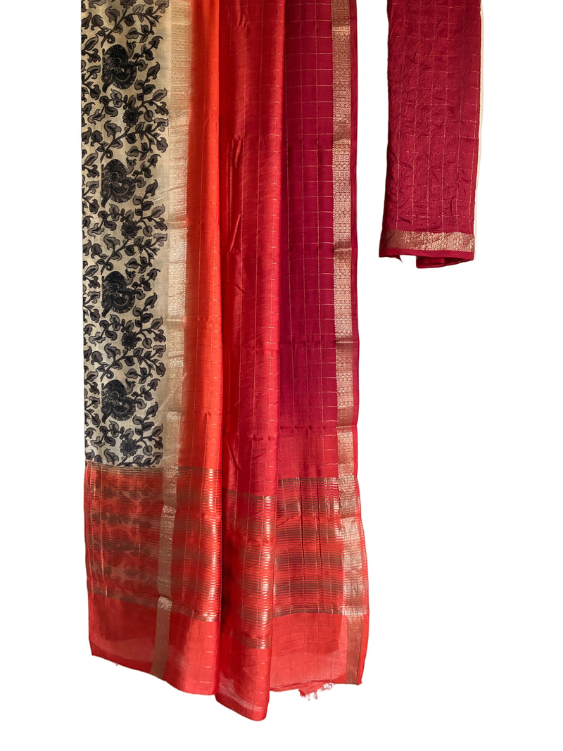 Red and orange checked Assam silk saree with black Kalamkari border full drape view Aariyaa sarees Bengaluru