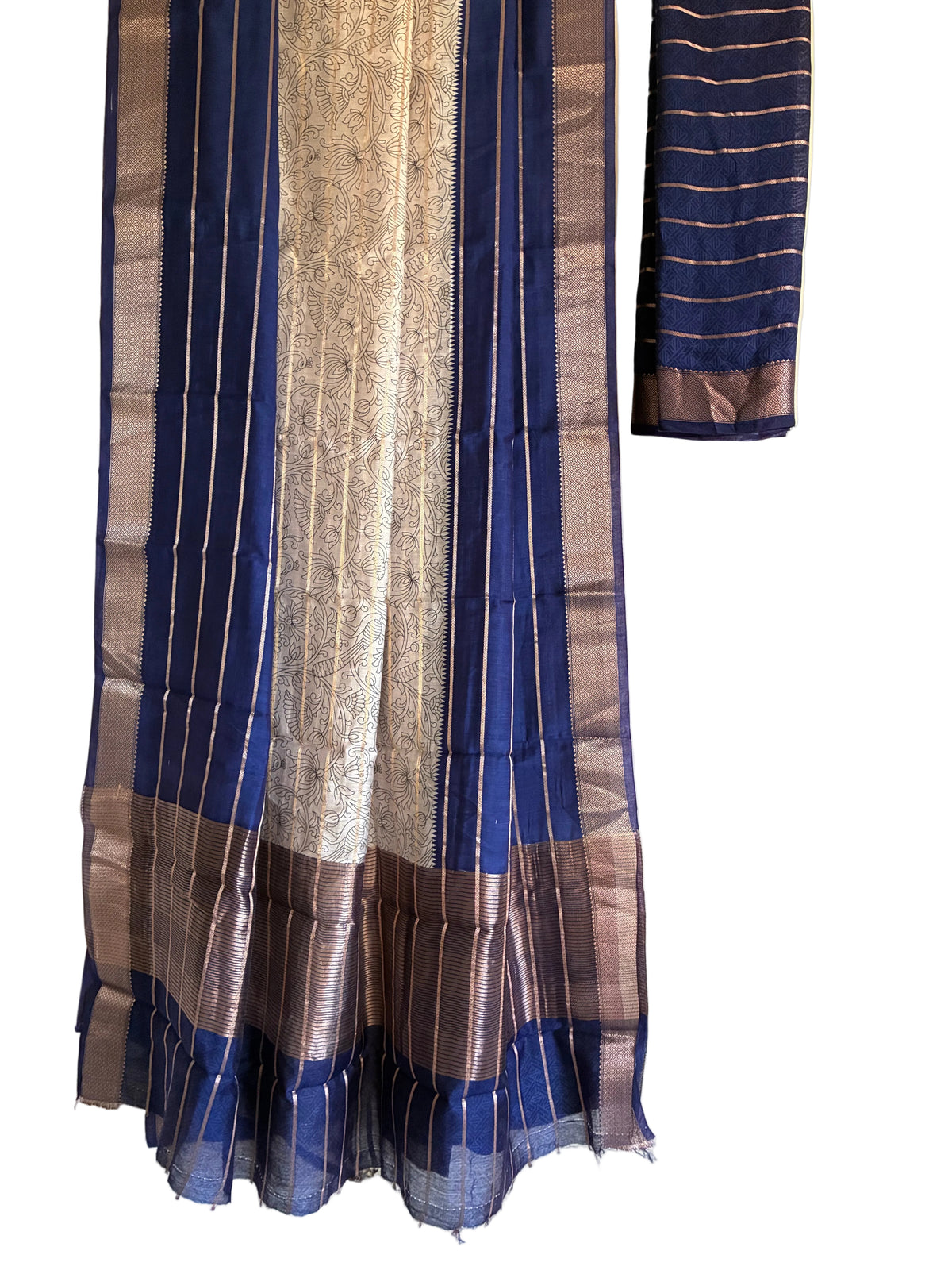 Royal blue Kalamkari motif saree with white floral patterns fine gold stripes full drape view Aariyaa Bangalore