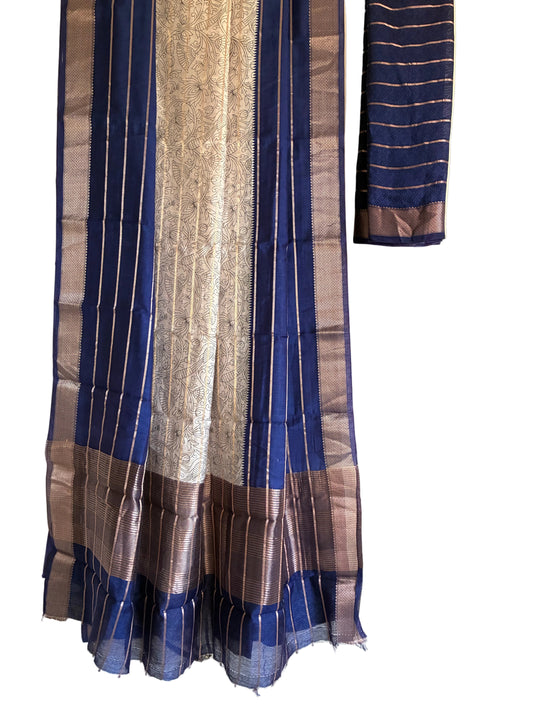 Royal blue Kalamkari motif saree with white floral patterns fine gold stripes full drape view Aariyaa Bangalore