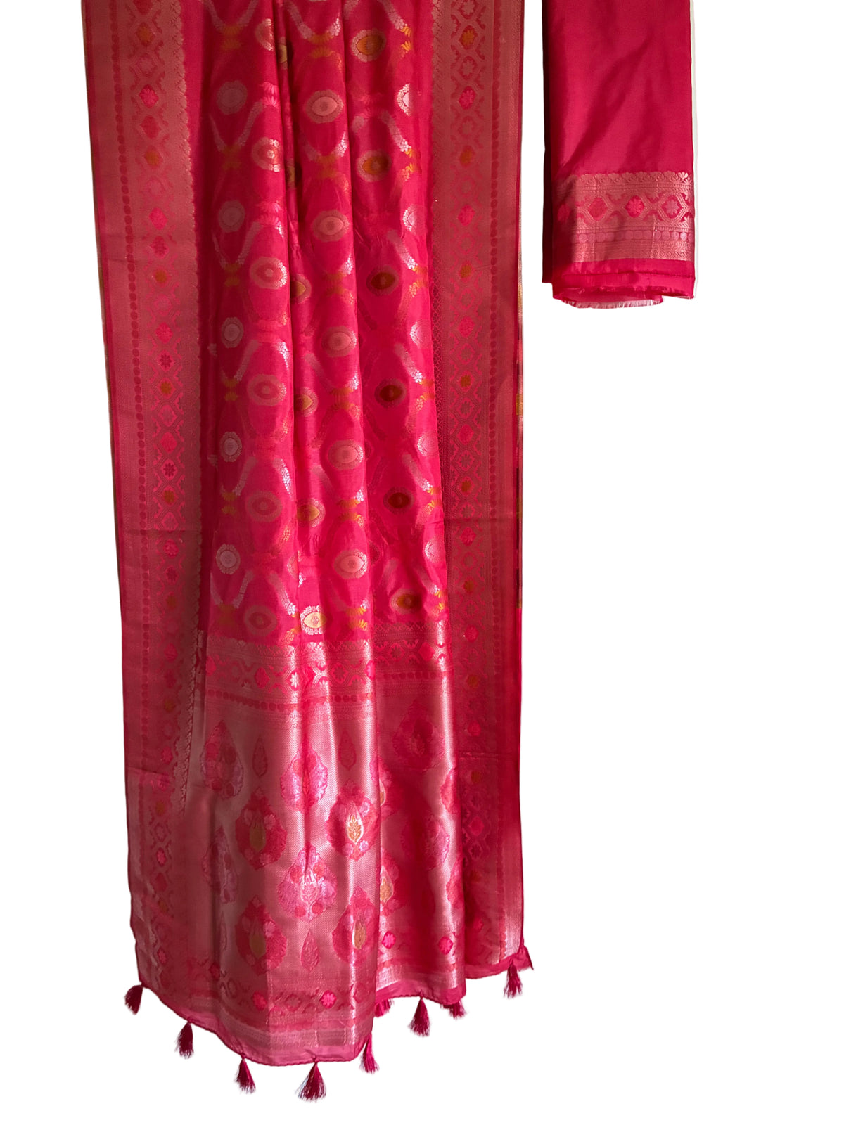 Bright pink red soft silk saree with Banarasi multicolour floral medallions full drape view Aariyaa studio Bangalore