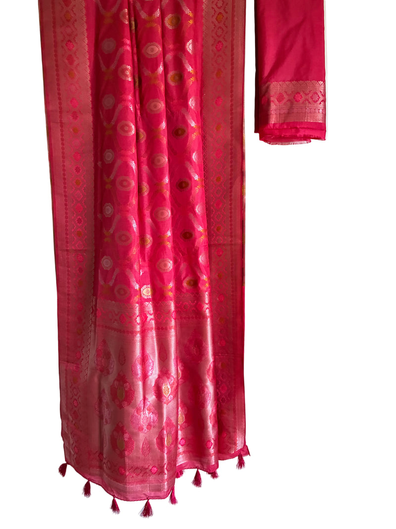 Bright pink red soft silk saree with Banarasi multicolour floral medallions full drape view Aariyaa studio Bangalore