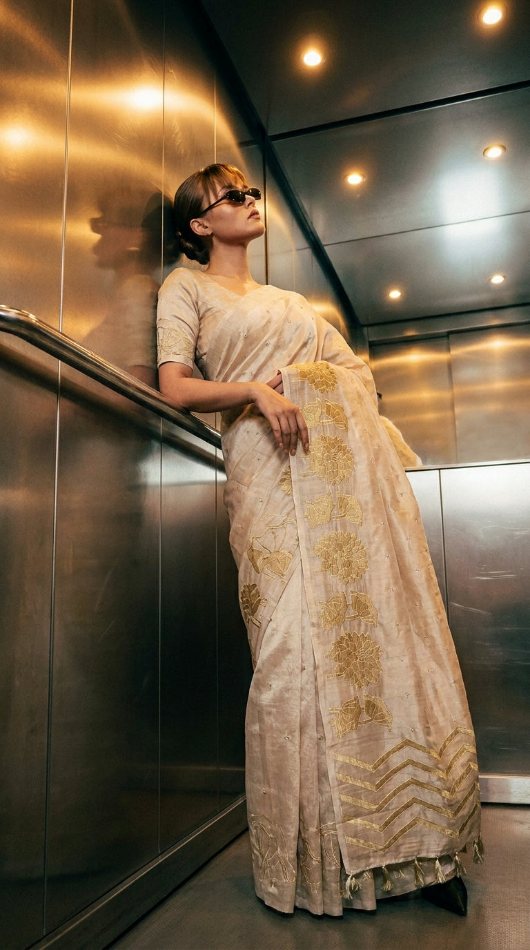 applique gold white cream aariyaa saree 