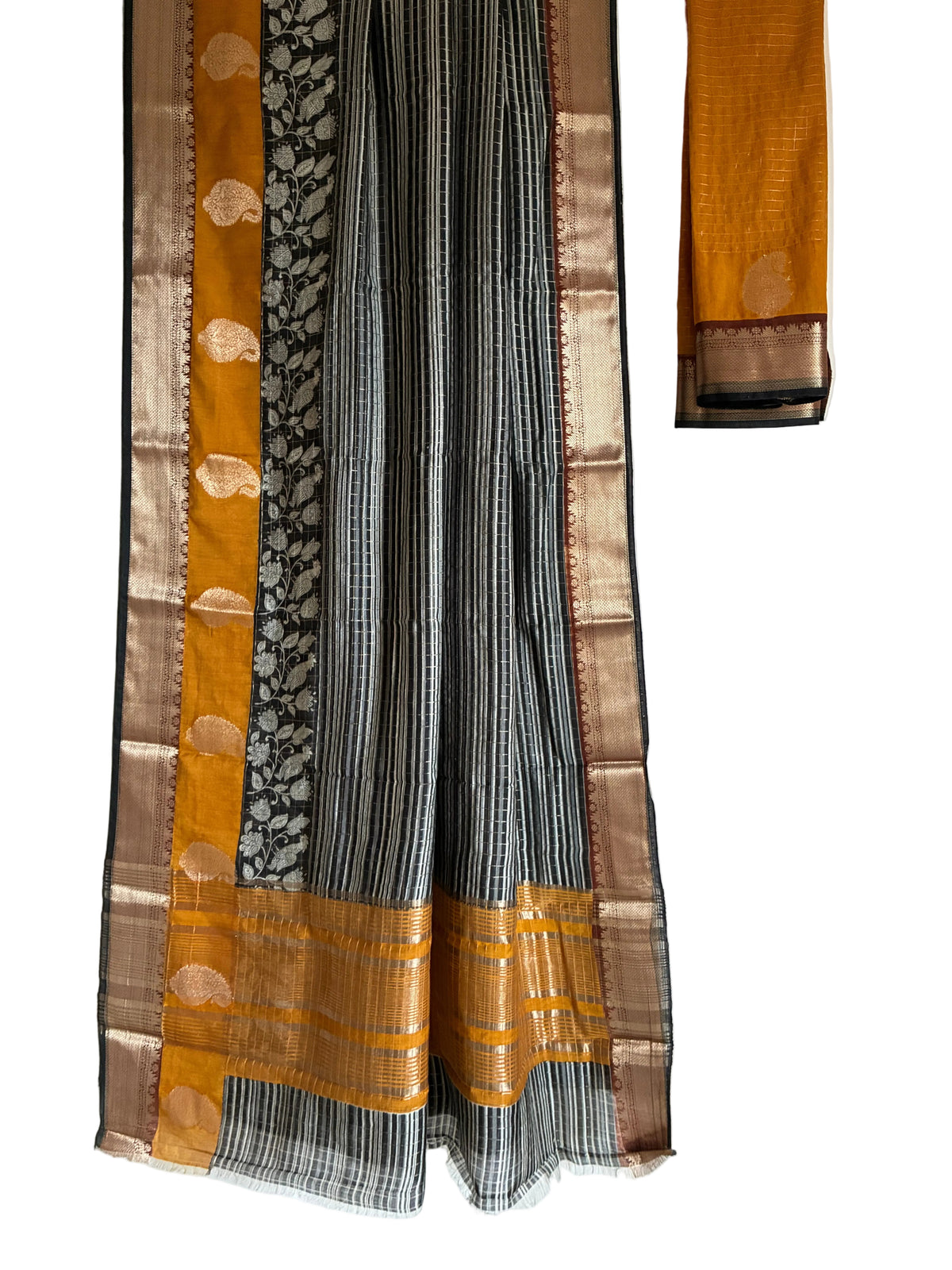 Black and mustard Assam silk saree with Kalamkari floral border full drape view Aariyaa sarees Bengaluru