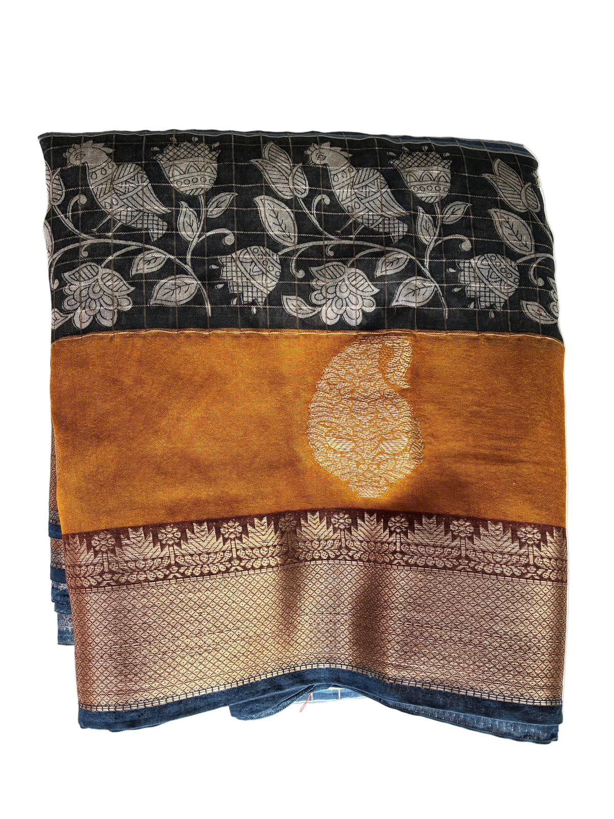 Neatly folded light comfortable blue and mustard Kalamkari Assam silk saree showing gold border