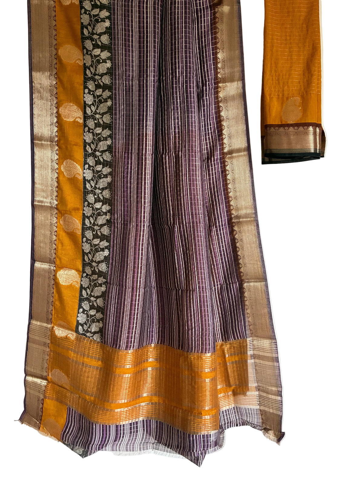 Purple and mustard Assam silk saree with black Kalamkari floral border full drape view Aariyaa studio Bangalore