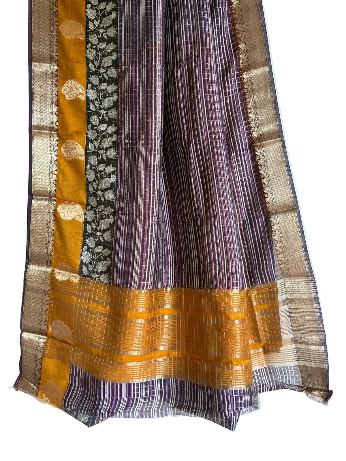 Purple  & Mustard Assam Silk Saree with Kalamkari Border