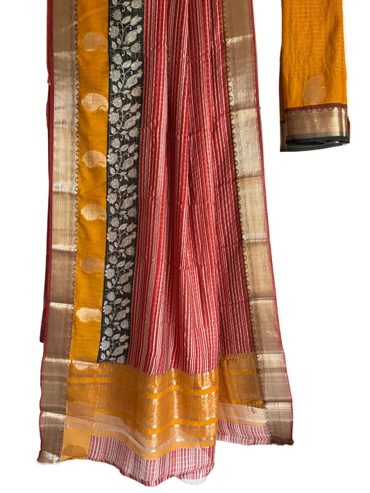 Red and mustard Kalamkari Assam silk saree with black floral vine panel full drape view Aariyaa sarees Bengaluru