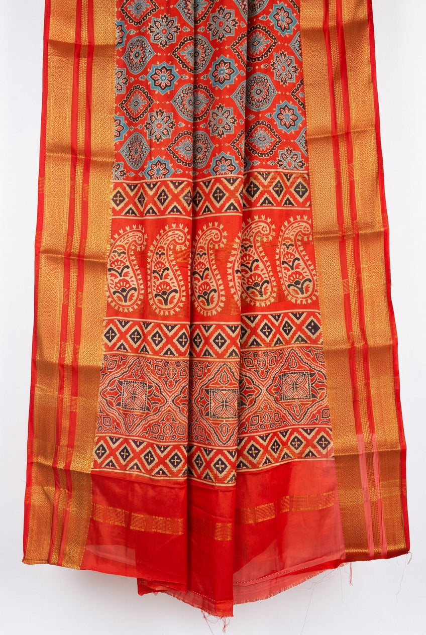 Detailed view of rich orange saree pallu with intricate Gandhabherunda weave for festive gatherings and everyday wear 