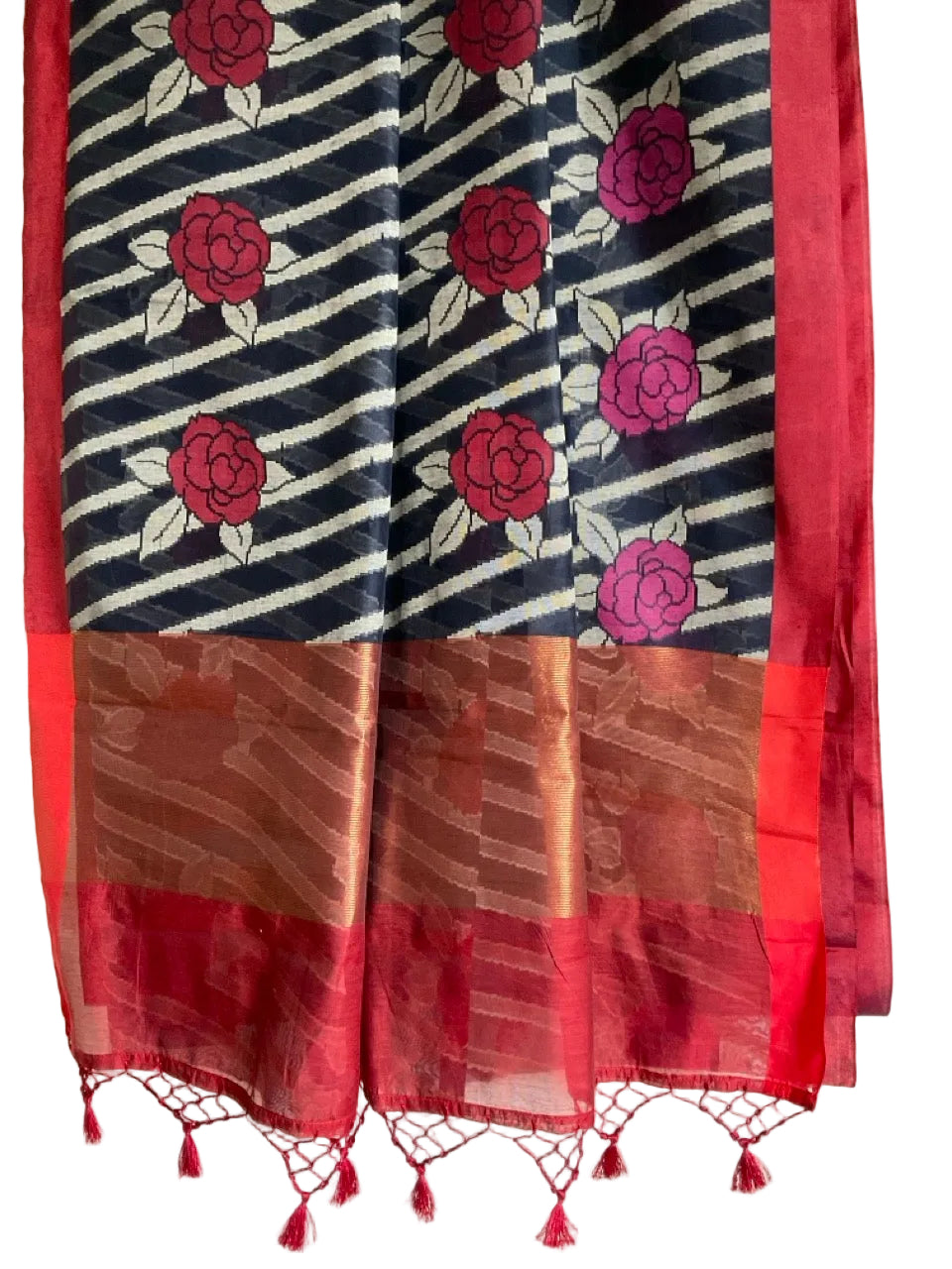 Navy Blue Cotton Saree with Roses and Red Border