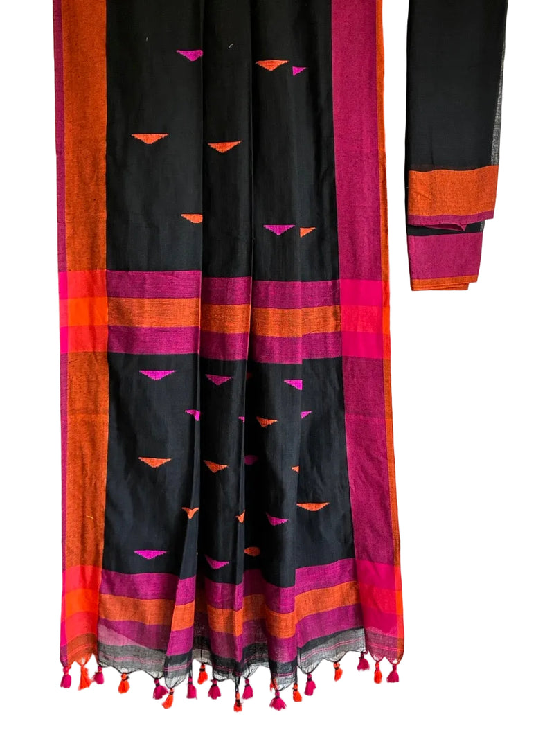Black Jute Cotton Colorful Saree
