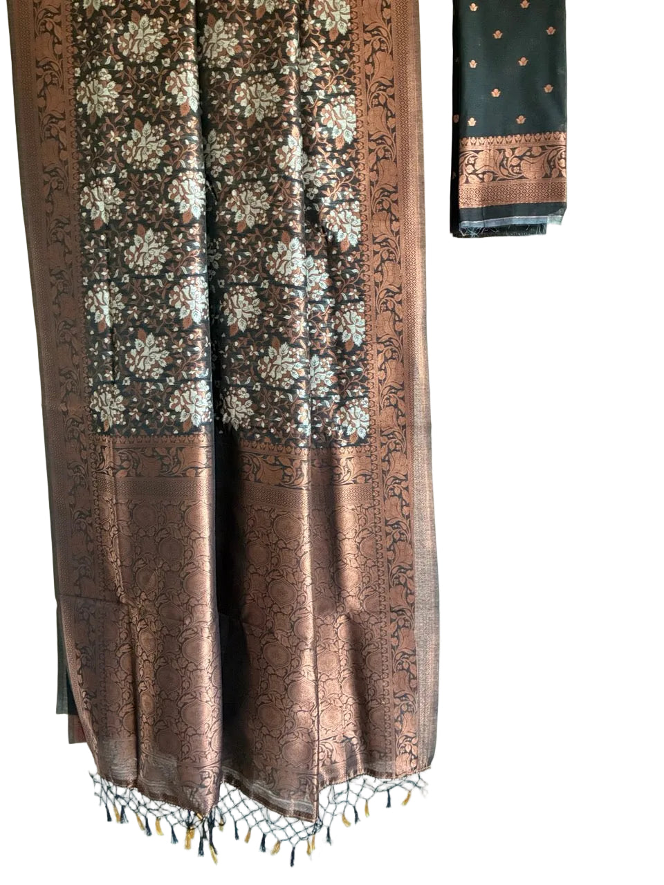Metallic rich black saree with warm copper floral motifs full drape view Aariyaa studio Bangalore