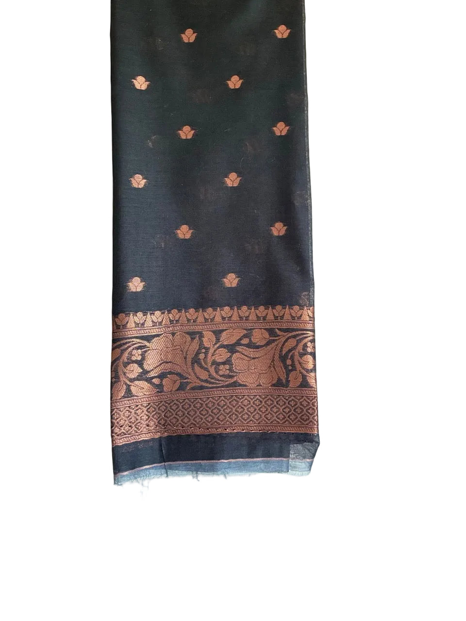 light comfortable metallic black saree displaying copper floral motifs and border detail