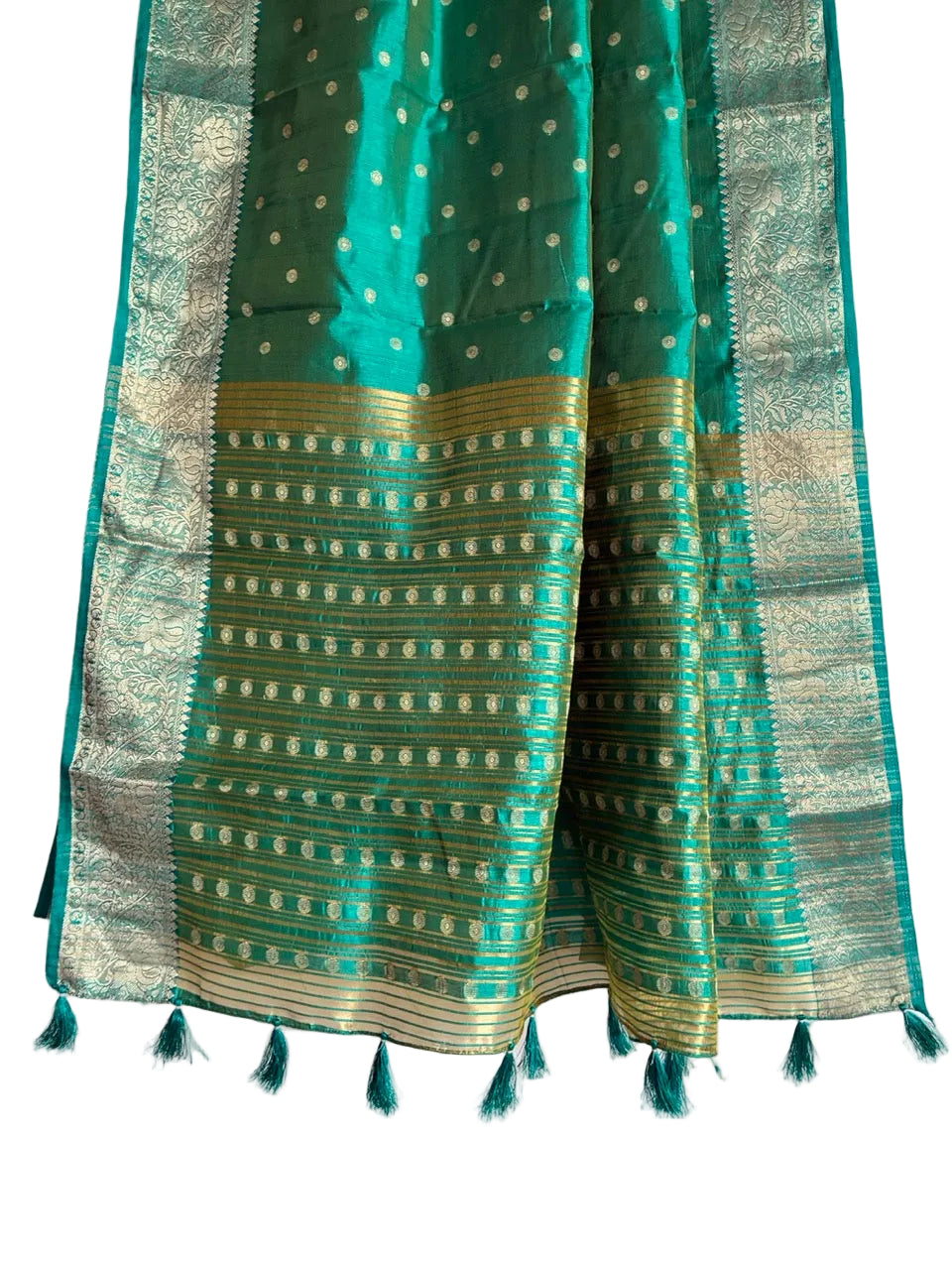 Detailed view of striped teal blue saree pallu with gold motif rows and tassel embellishments