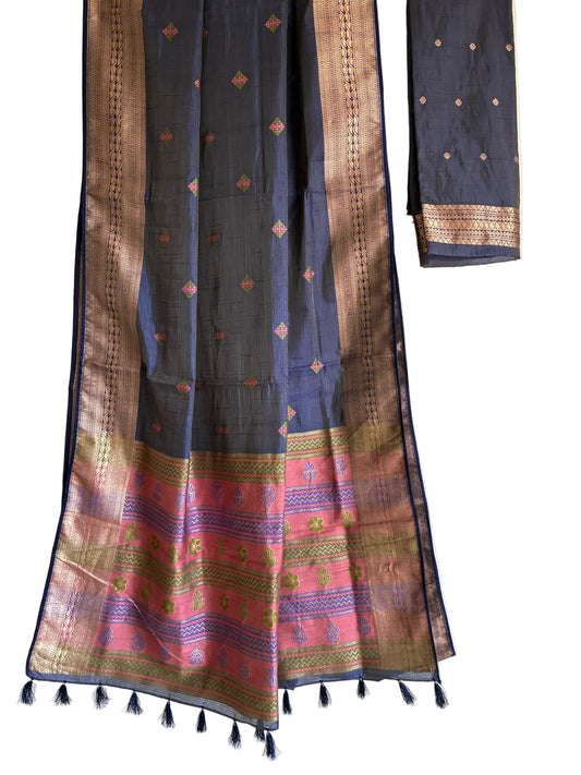 Deep navy blue saree dotted with multicolour buttas and antique gold border full drape view Aariyaa studio Bangalore