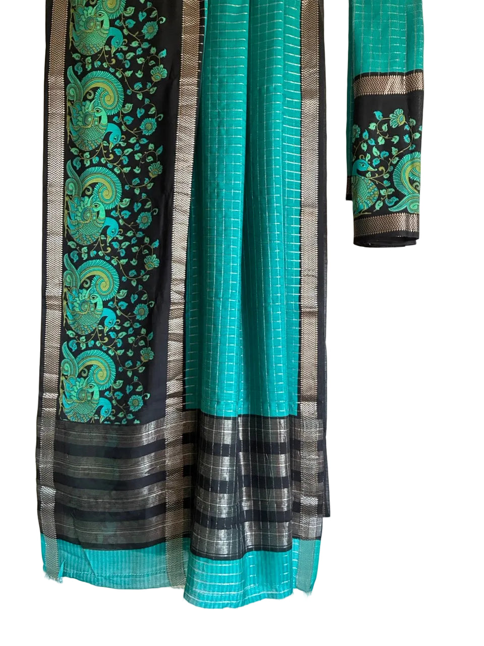 Teal blue Kalamkari saree with striking black contrast border full drape view Aariyaa sarees Bengaluru
