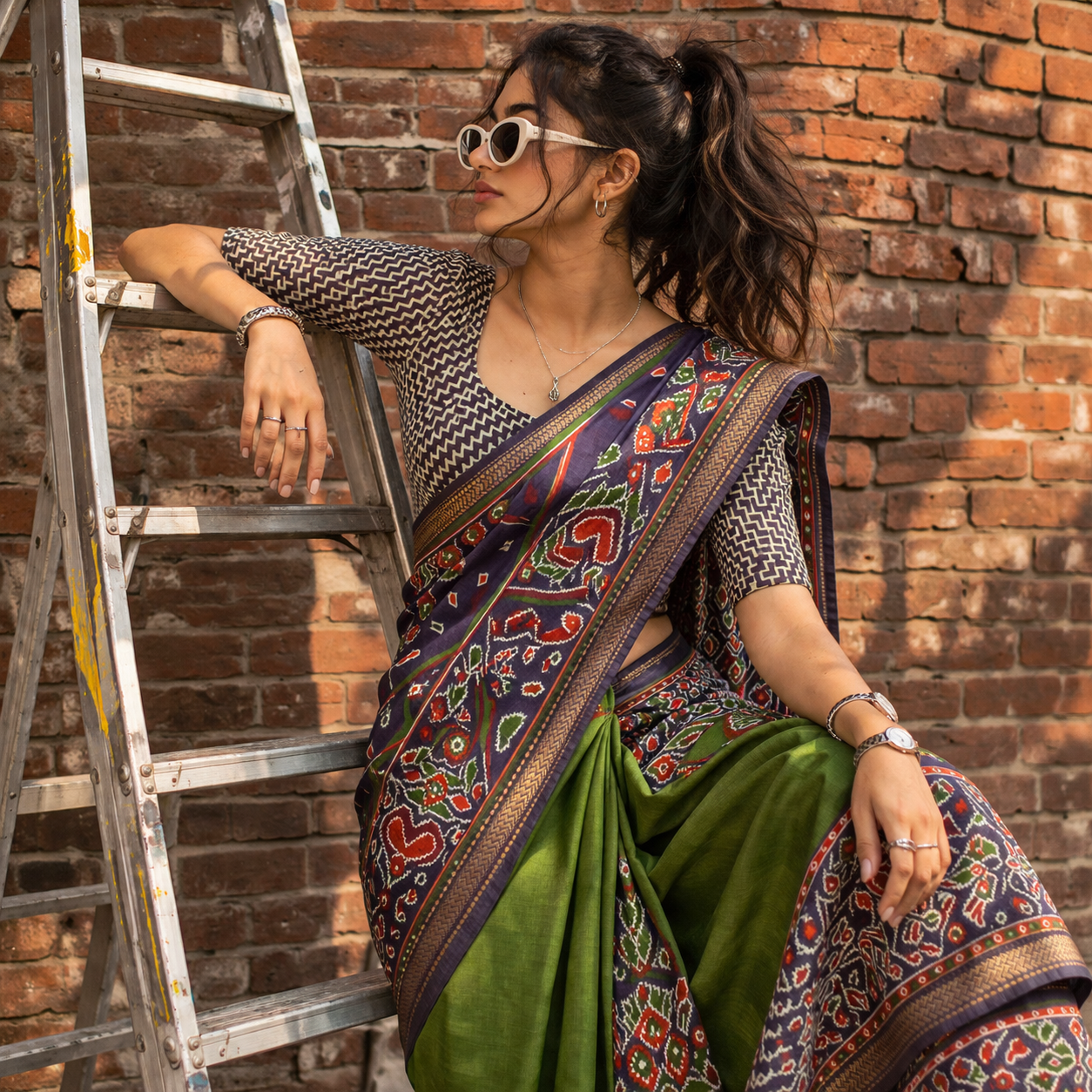 Green Cotton Saree with small Golden Border