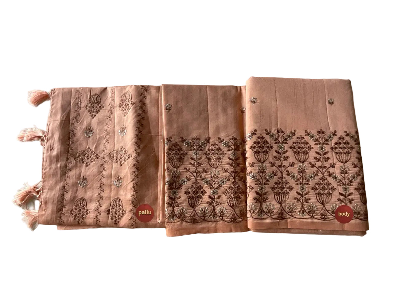 Peach Silk Saree with Brown Zari Embroidery & Tassel Border