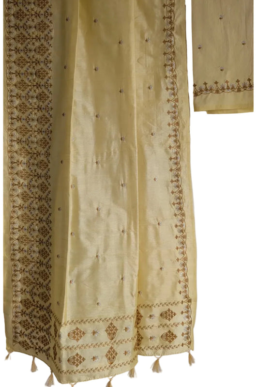 Yellow Silk Saree with Golden Zari Embroidery & Tassel Border