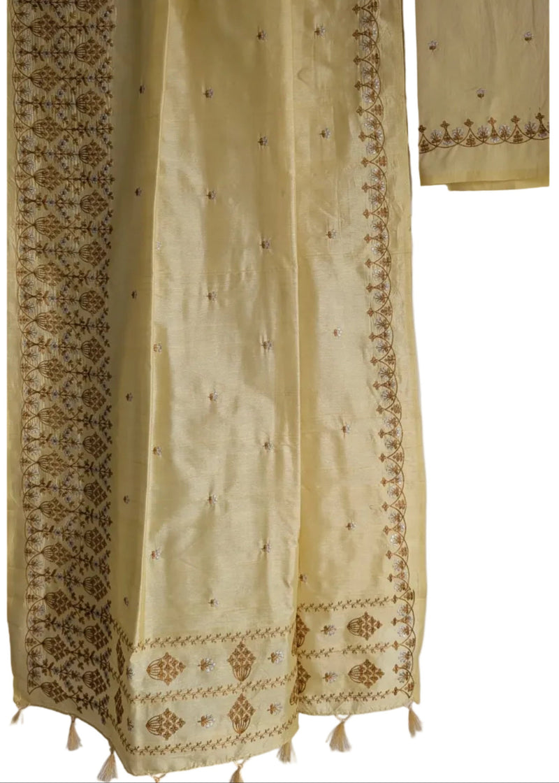 Yellow Silk Saree with Golden Zari Embroidery & Tassel Border