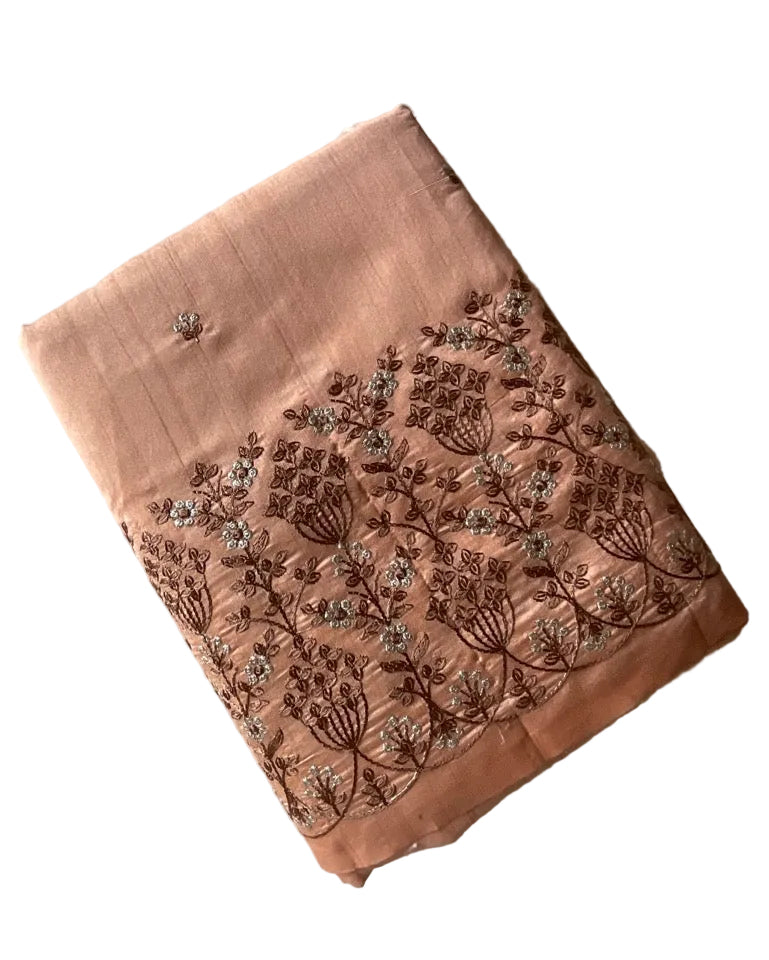 Peach Silk Saree with Brown Zari Embroidery & Tassel Border