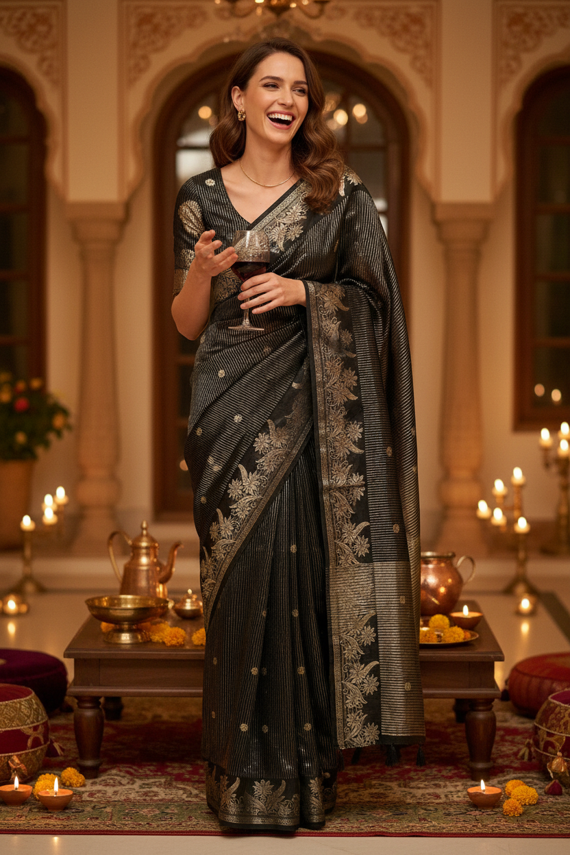 European Woman Hosting Dinner in Black Gold Tissue Silk Saree